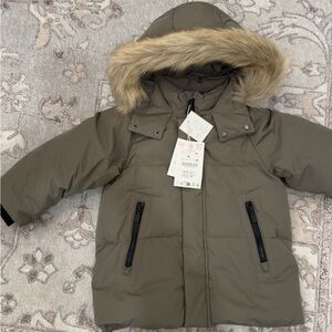 Kids Hooded Jacket with Faux Fur Trim - Olive